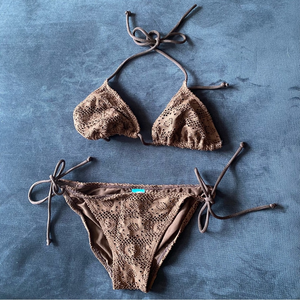 Pool Party Brown Crocheted-Look String Bikini Size Small